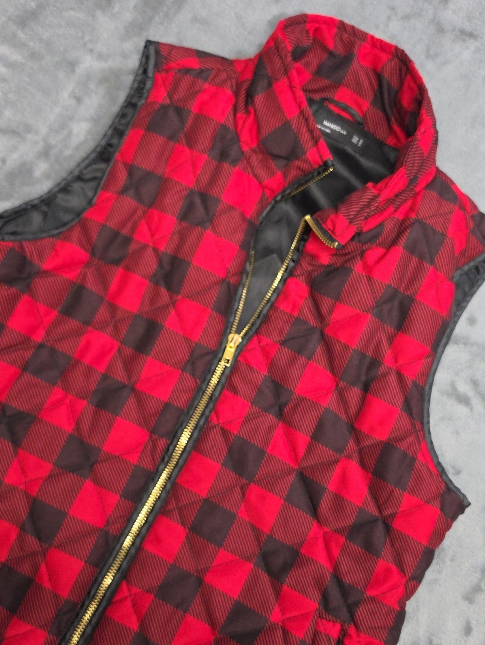 Mango M Red and Black Plaid Quilted Vest with Gold Zip
